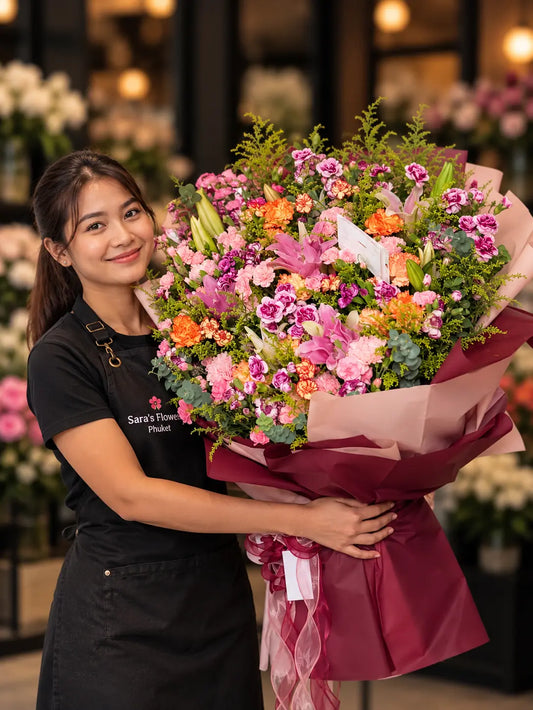 Thai florist holding The Grand Romance giant flower bouquet with pink lilies, carnations and burgundy wrapping at Sara's Flowers Phuket.