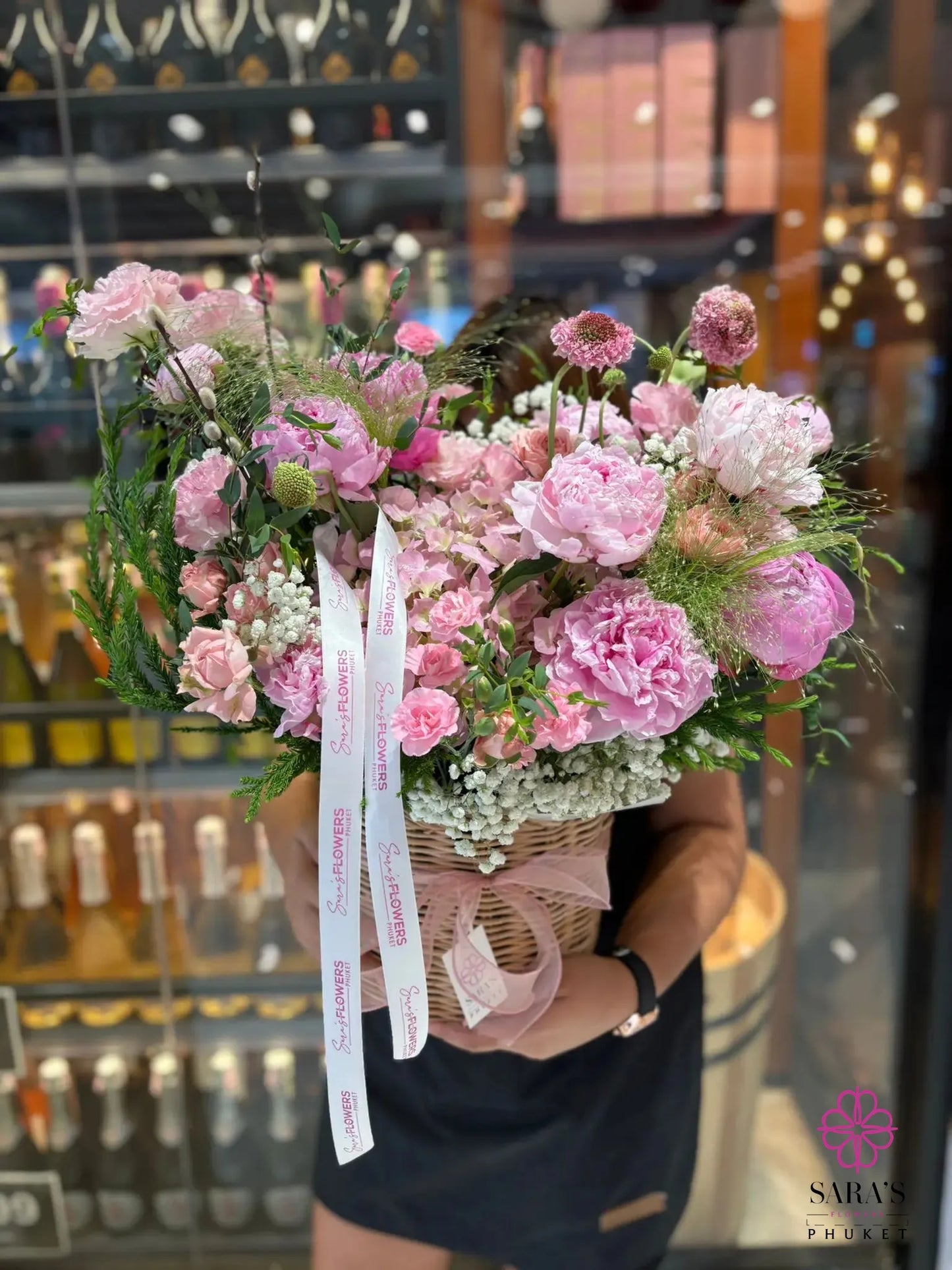 Luxury pink flower basket arrangement with peonies and hydrangeas by Sara’s Flowers Phuket