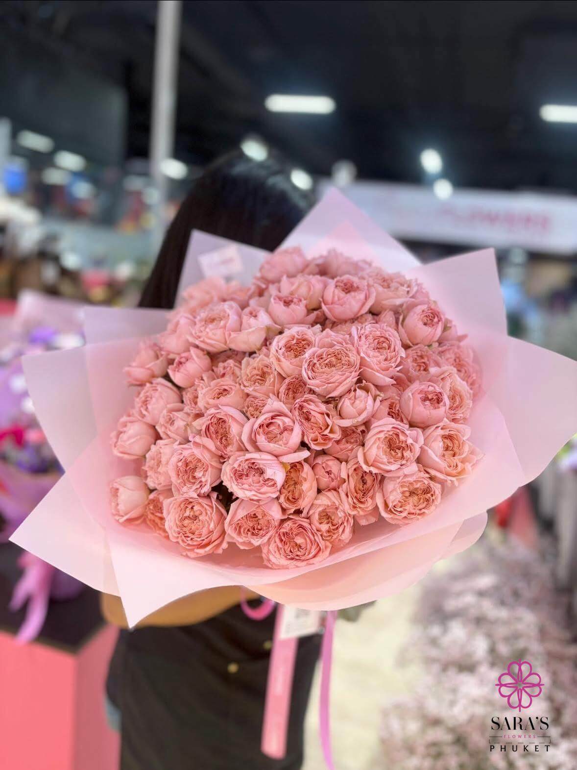 Luxury Pink Sonata rose bouquet with soft pink spray roses and satin ribbon in Phuket