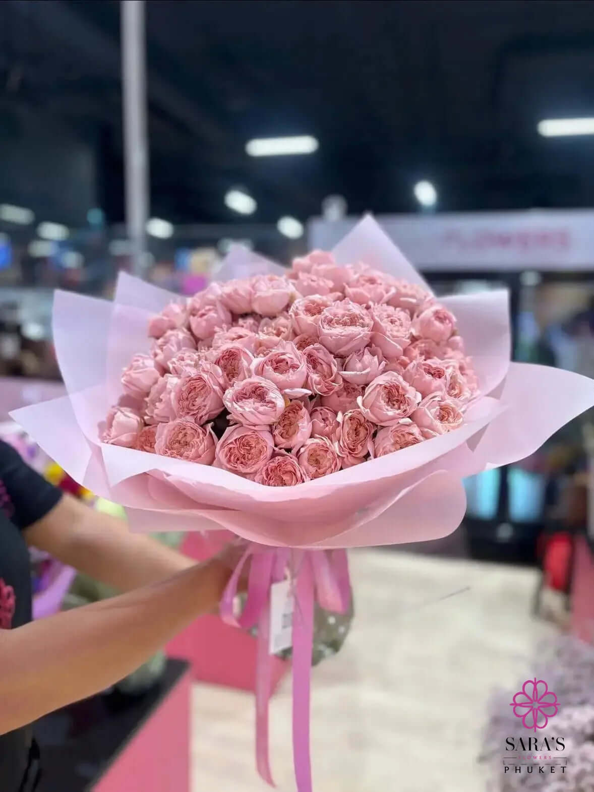 Pink Sonata bouquet with pastel pink spray garden roses and luxury blush wrapping by Sara’s Flowers Phuket