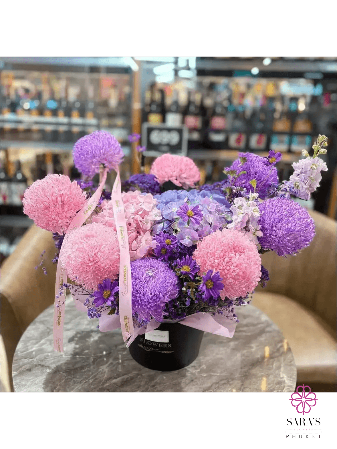 Luxury lavender pastel flower hatbox arrangement by Sara’s Flowers Phuket