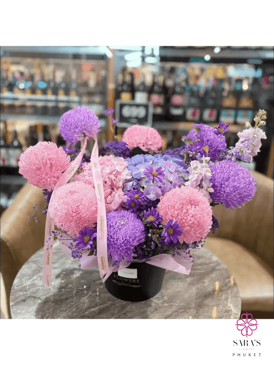 Luxury lavender pastel flower hatbox arrangement by Sara’s Flowers Phuket