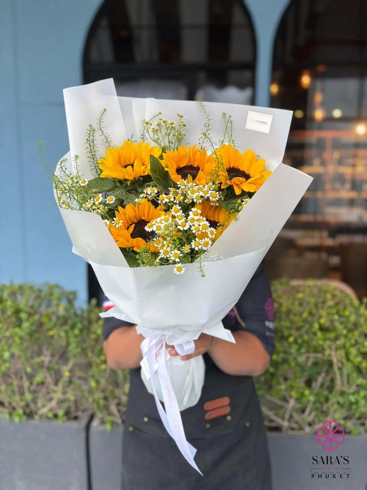 Sunflower bouquet with white daisy flowers by Sara’s Flowers Phuket