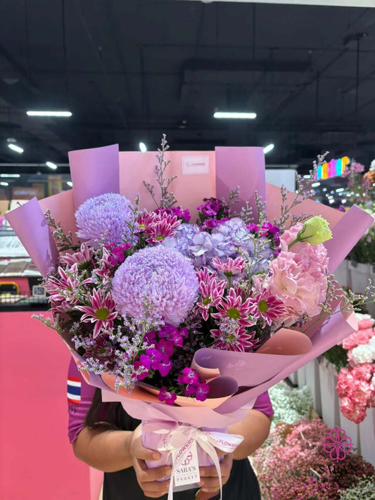 Luxury violet bouquet with hydrangea and lisianthus by Sara’s Flowers Phuket