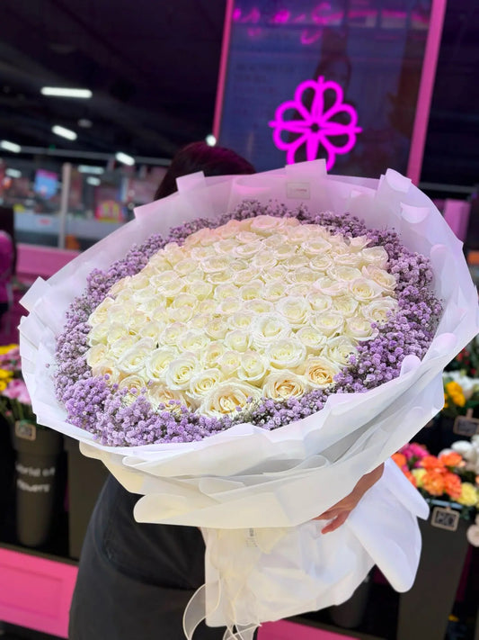 101 White Roses with Violet Gypsophila