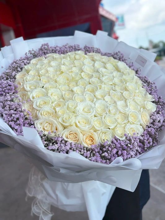 101 White Roses with Violet Gypsophila