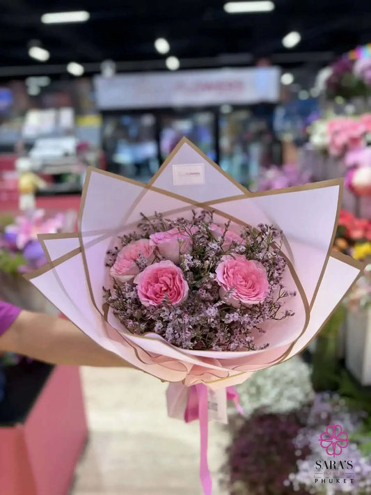 Pink Garden Rose Mini Bouquet with luxury pastel wrapping by Sara’s Flowers Phuket