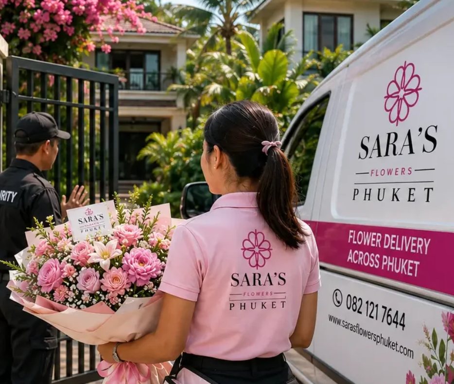 Ein Teammitglied von Sara’s Flowers Phuket in Uniform liefert einen Strauß neben dem Firmenfahrzeug aus